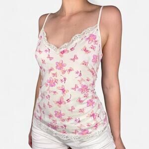 White butterfly pink floral lace cami tank top